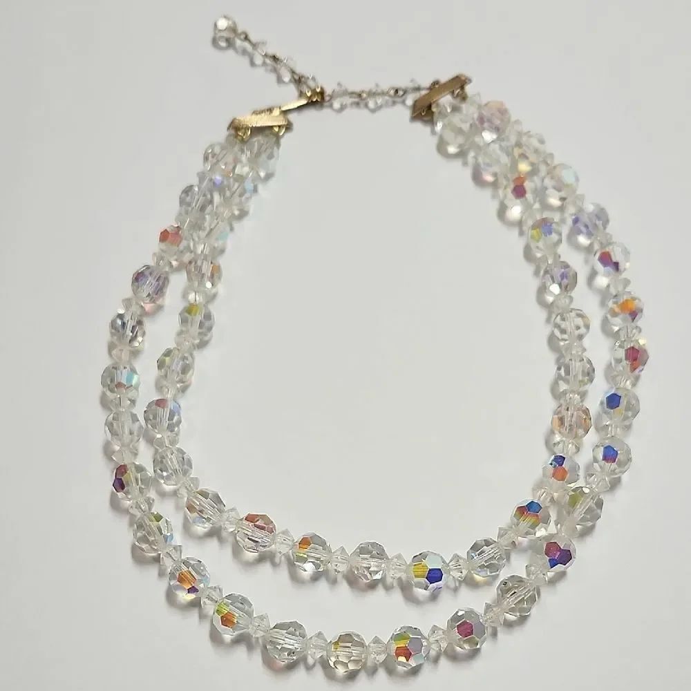 Lisner Vintage Clear Aurora Borealis AB Crystal Faceted Double Strand Necklace